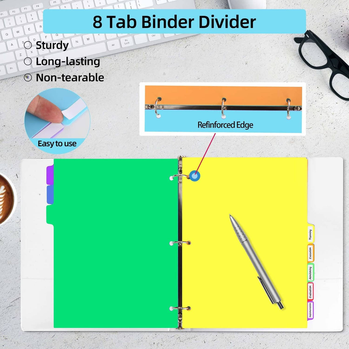 3-ring binder dividers with green and yellow pages and colored top tabs, 8-tab set