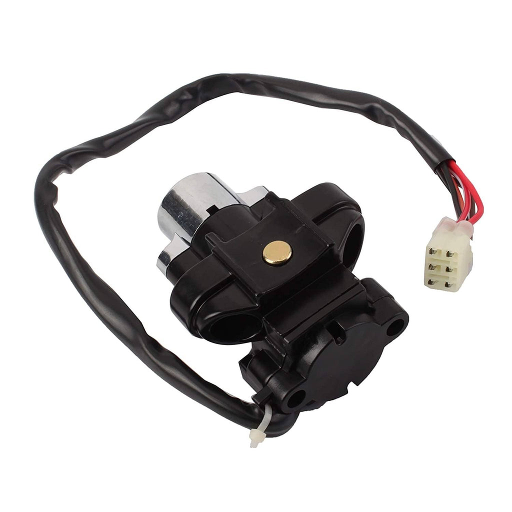 Ignition switch with black housing, metal cylinder, and wiring harness with connectors