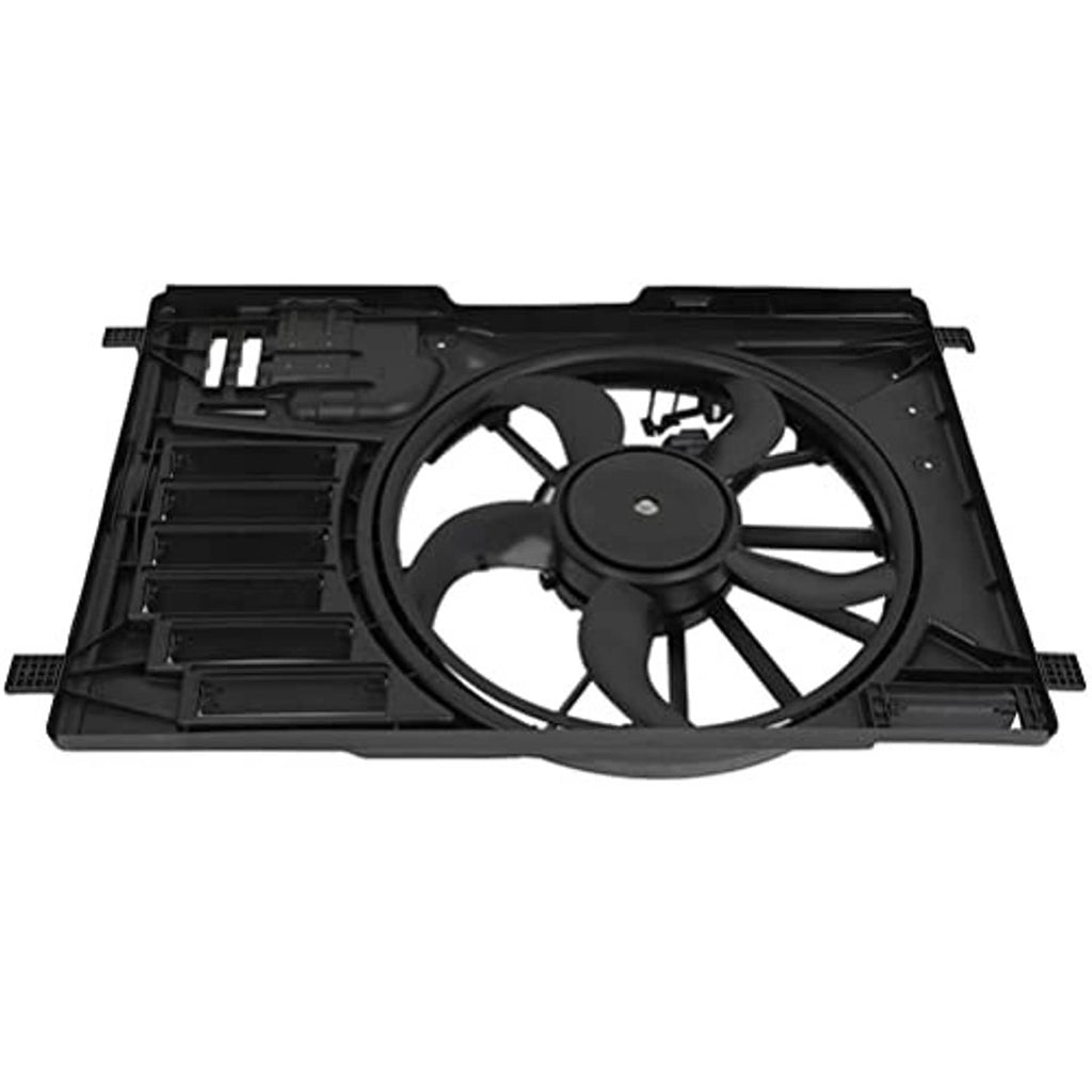 Black radiator fan assembly underside/side view with cooling fan and vent louvers