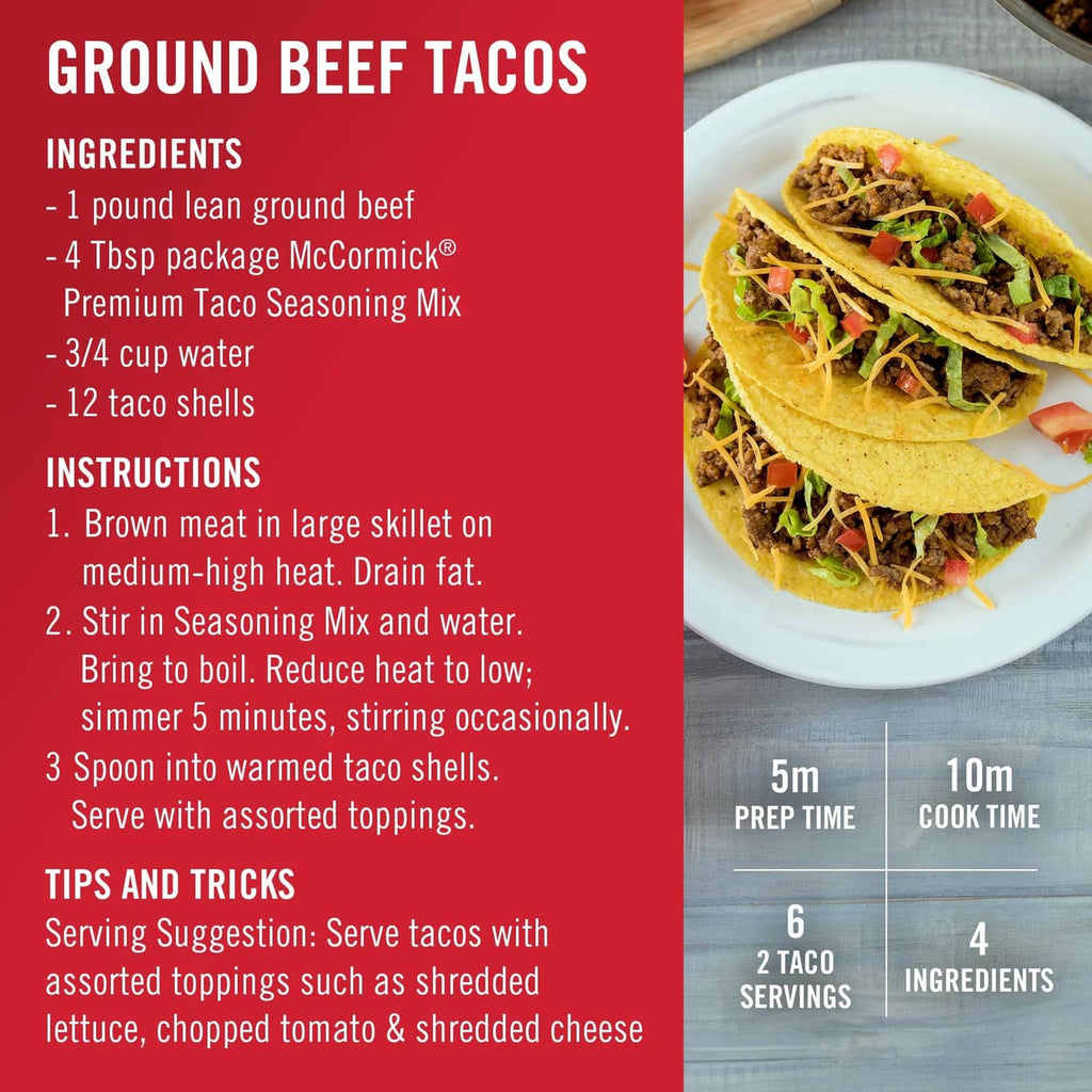 McCormick Taco Seasoning Mix jar beside ground beef tacos on a plate