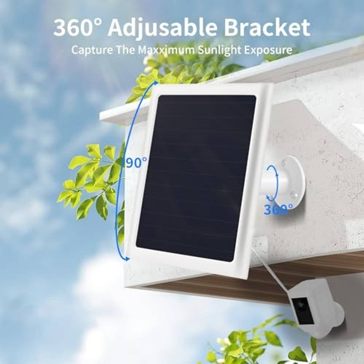 White solar panel charger with black face and adjustable 360-degree mounting bracket