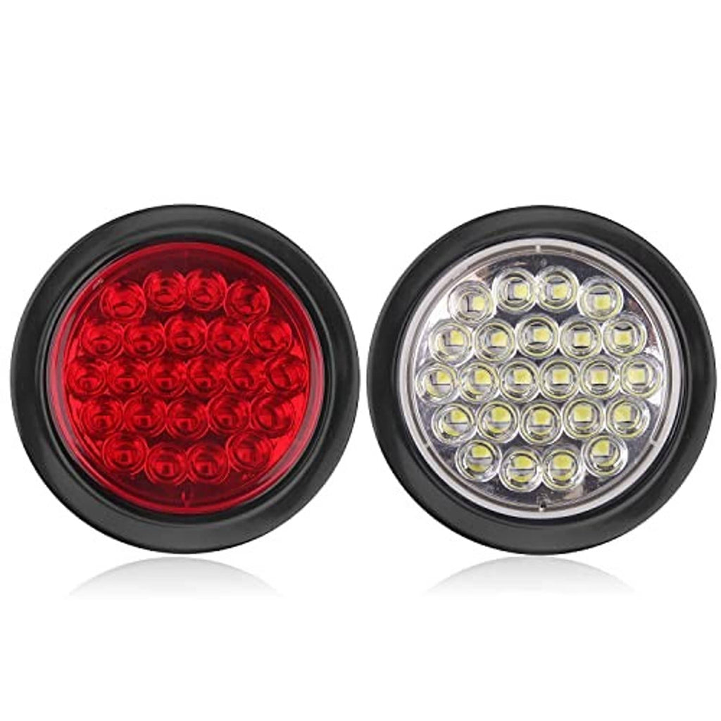Pair of round LED lights with red and white lenses in black housings