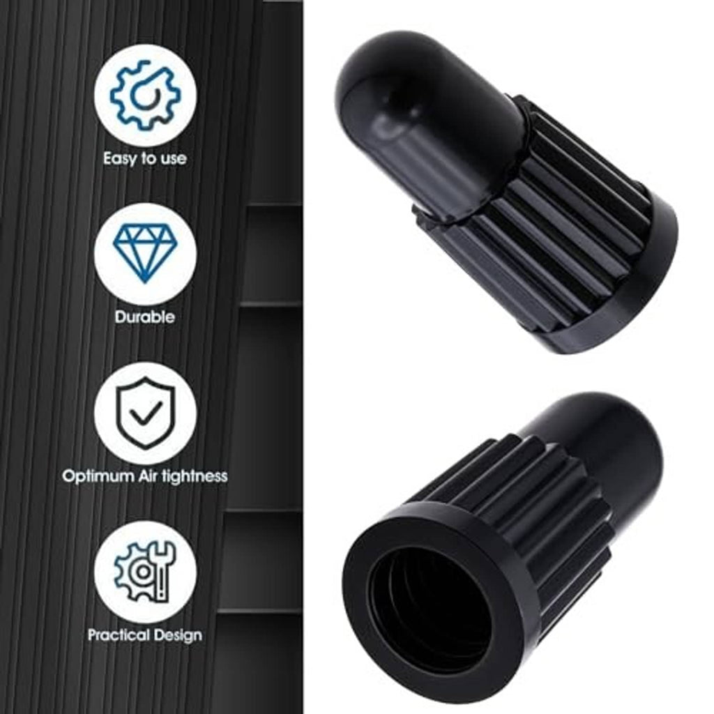 Black Presta valve cap pair with ribbed design and icons for use and durability