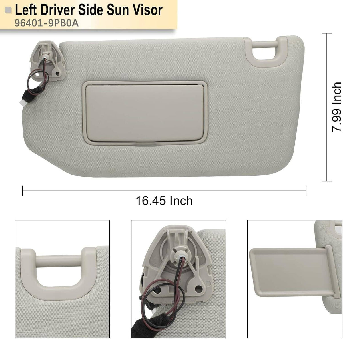 Gray left driver sun visor with lamp and mirror, with size measurement marks