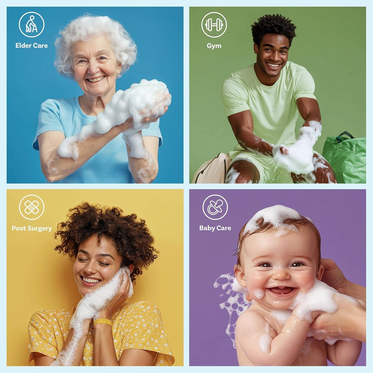 Disposable bath sponges shown for elder, gym, post-surgery, and baby care