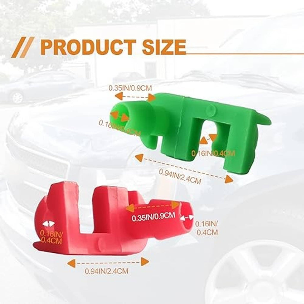 Tailgate rod clips, green and red plastic pieces with size markings