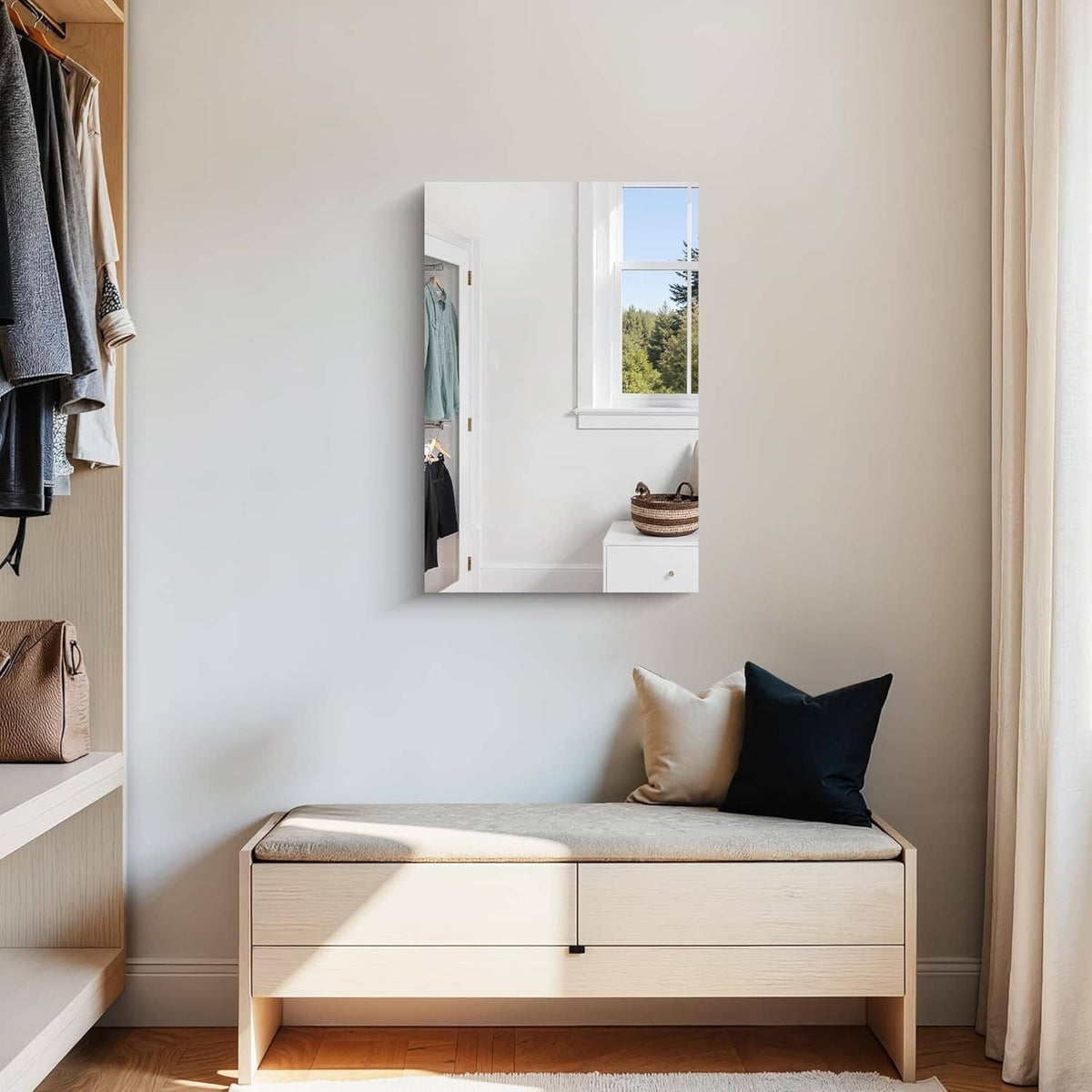 Frameless rectangle mirror mounted on wall with full-glass reflection