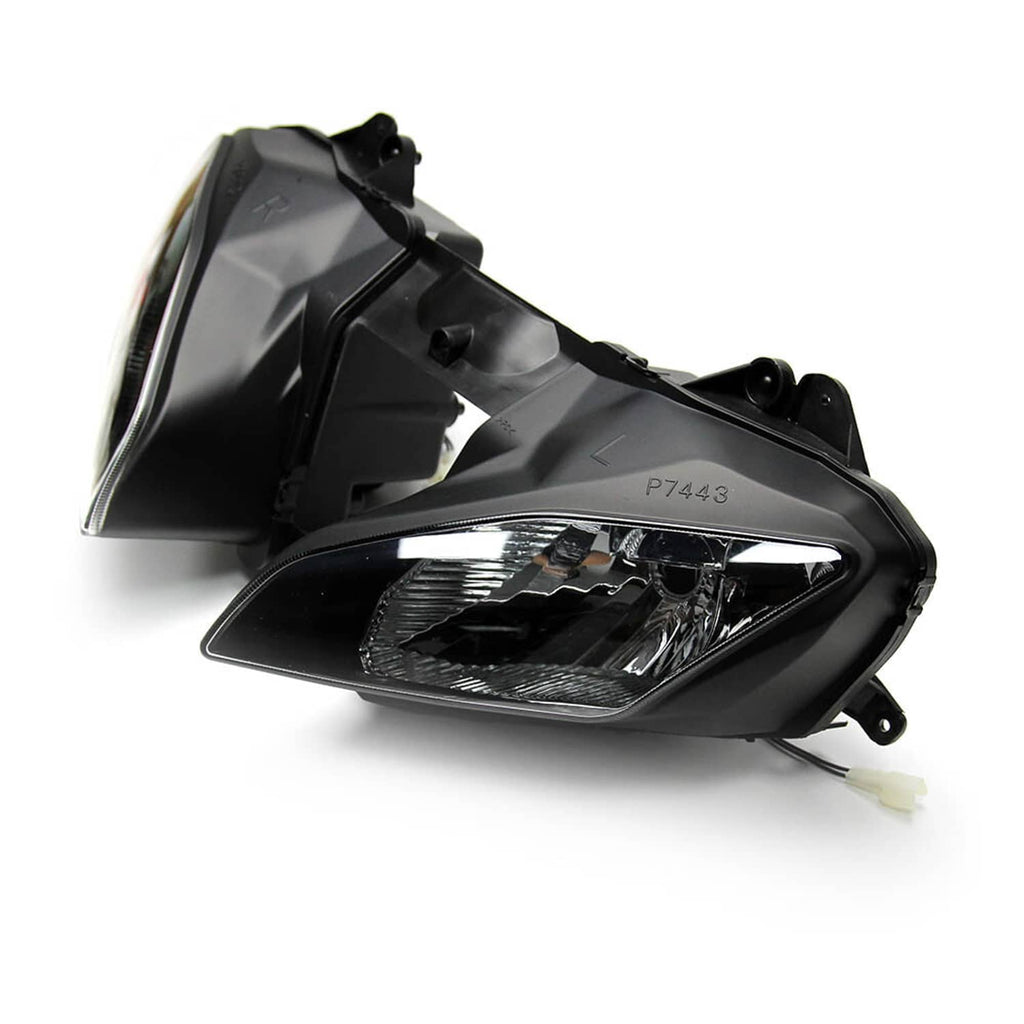 Black motorcycle headlight assembly with clear lens and wiring connector