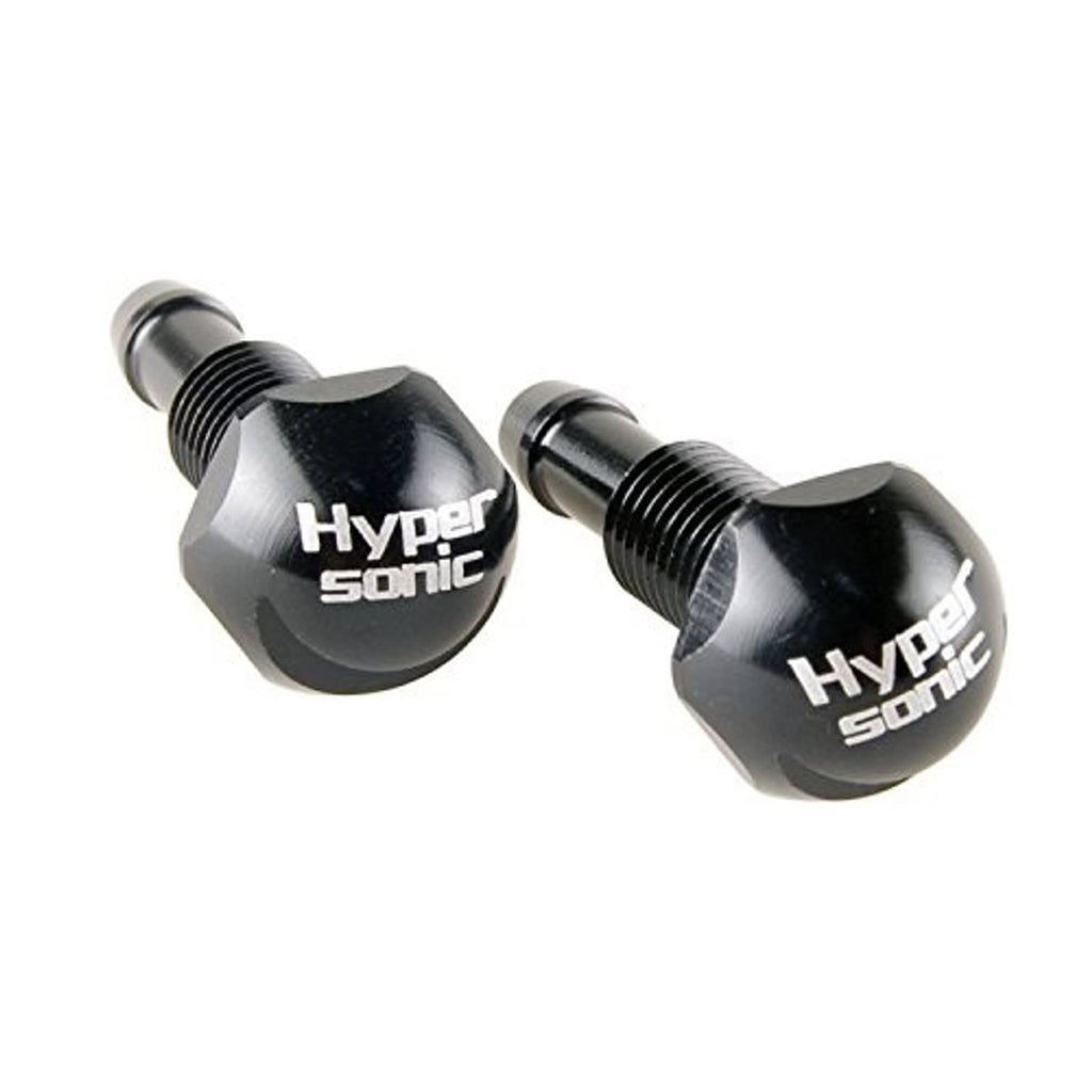 Two black Hyper sonic windshield washer sprayer nozzles with metal threaded ends