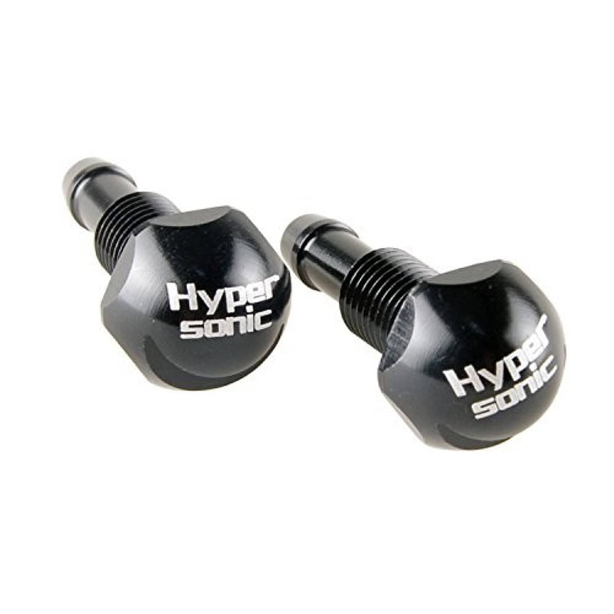Two black Hyper sonic windshield washer sprayer nozzles with metal threaded ends