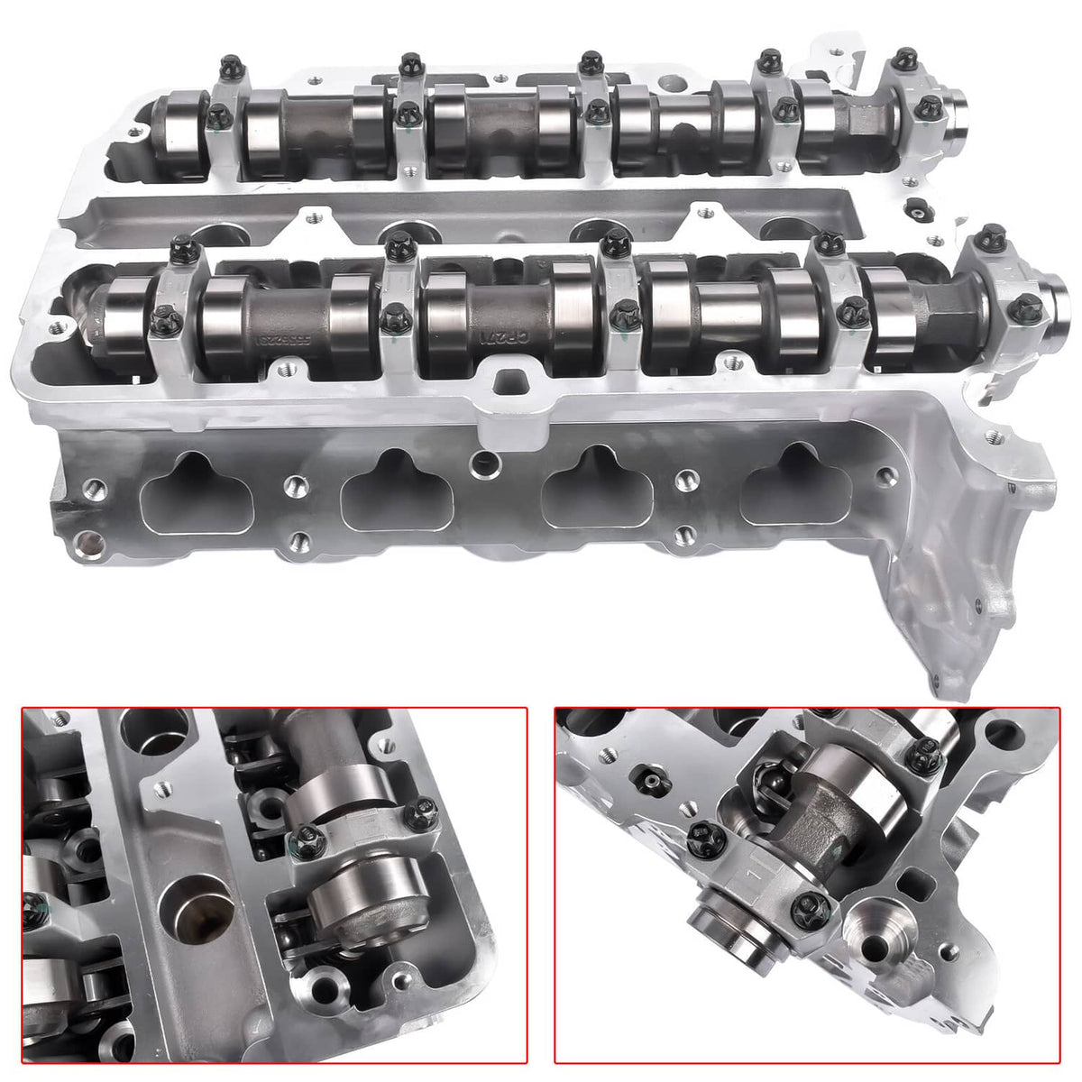 Engine cylinder head with camshaft assembly, silver metal