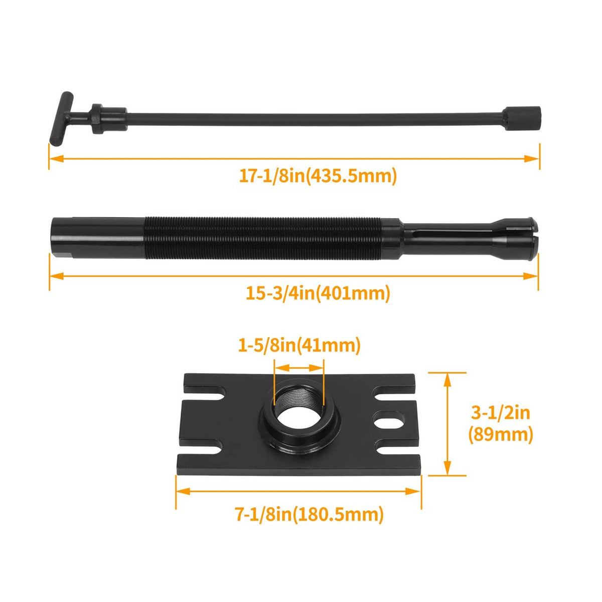 Threaded bearing puller tool with base plate and handle, shown with dimension lines