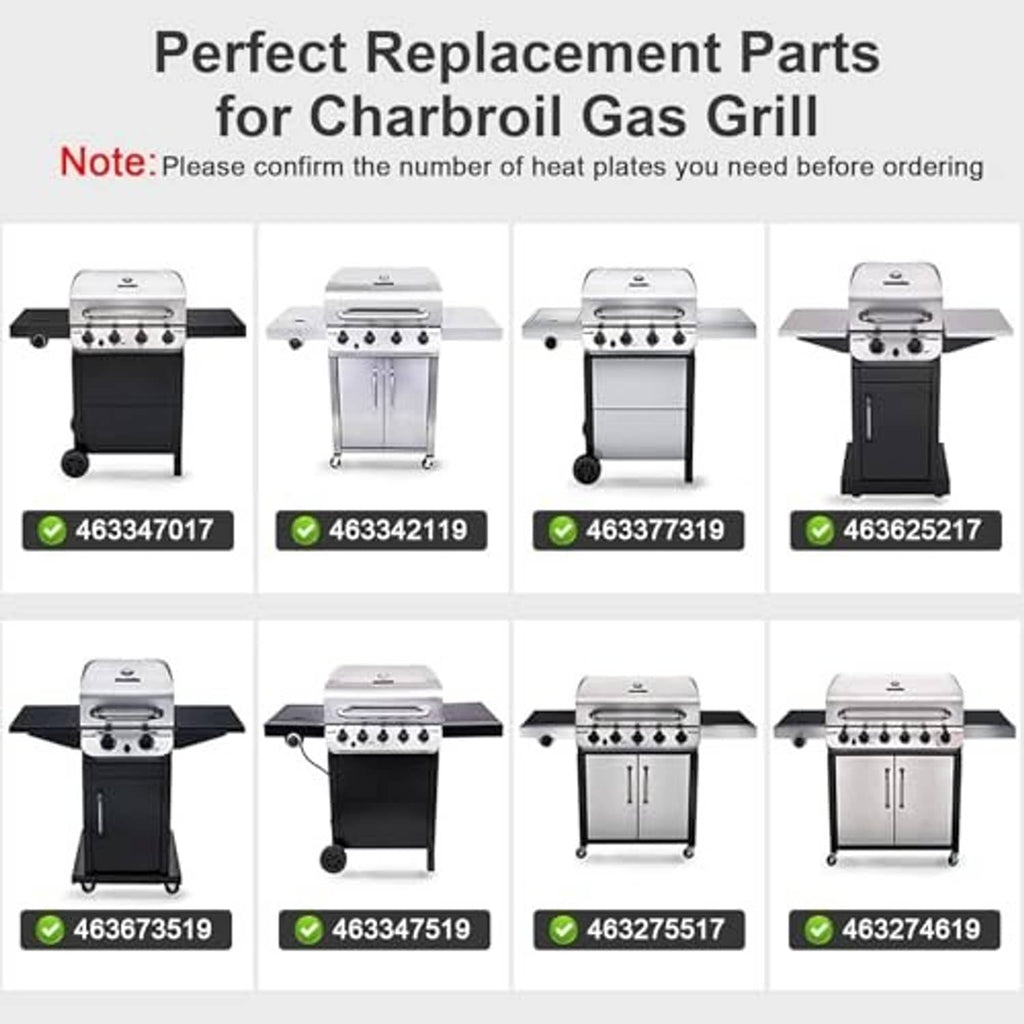 Replacement gas grill heat plate parts set shown with multiple compatible grill units