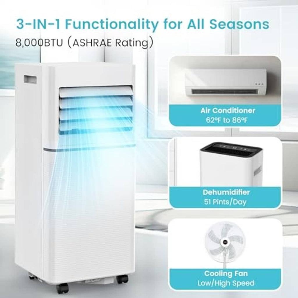 White portable AC unit with front vent, plus cooling, dehumidifier, and fan function icons