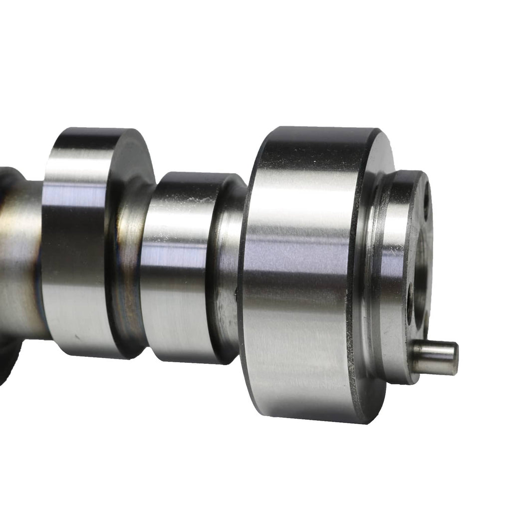 Camshaft end with flange hub and small side shaft pin, polished steel finish