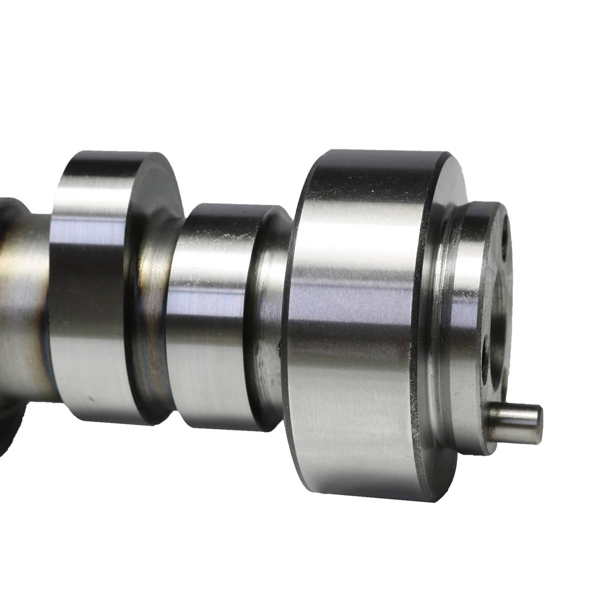 Camshaft end with flange hub and small side shaft pin, polished steel finish