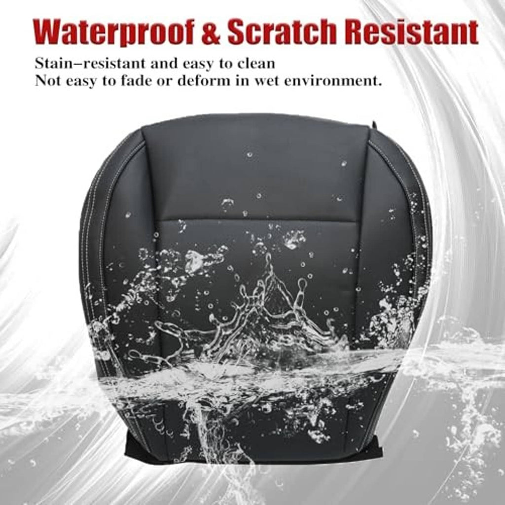 Black driver seat bottom cover with water droplets on textured surface