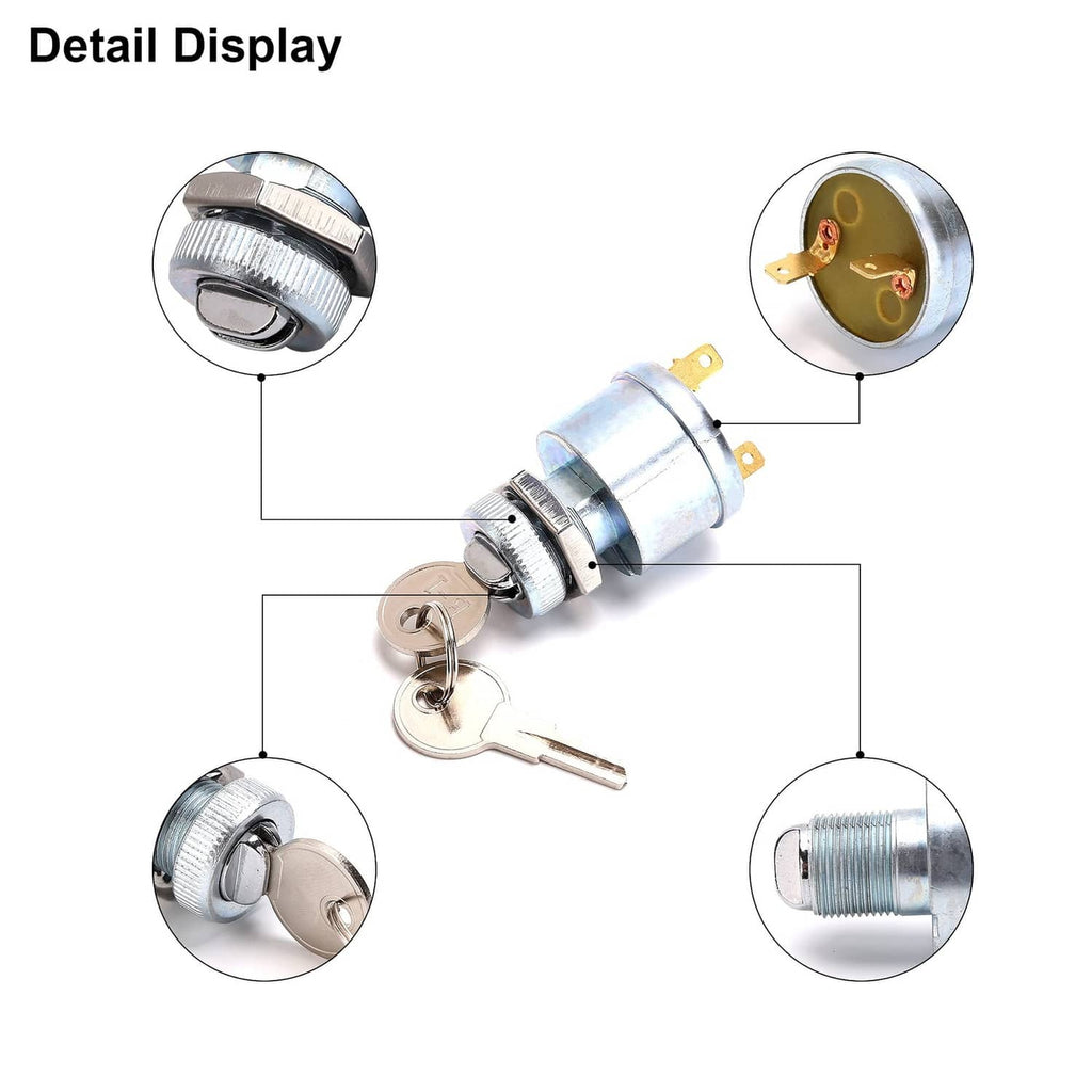 Golf cart ignition key switch diagram showing key, terminal pins, and metal cylinder parts.