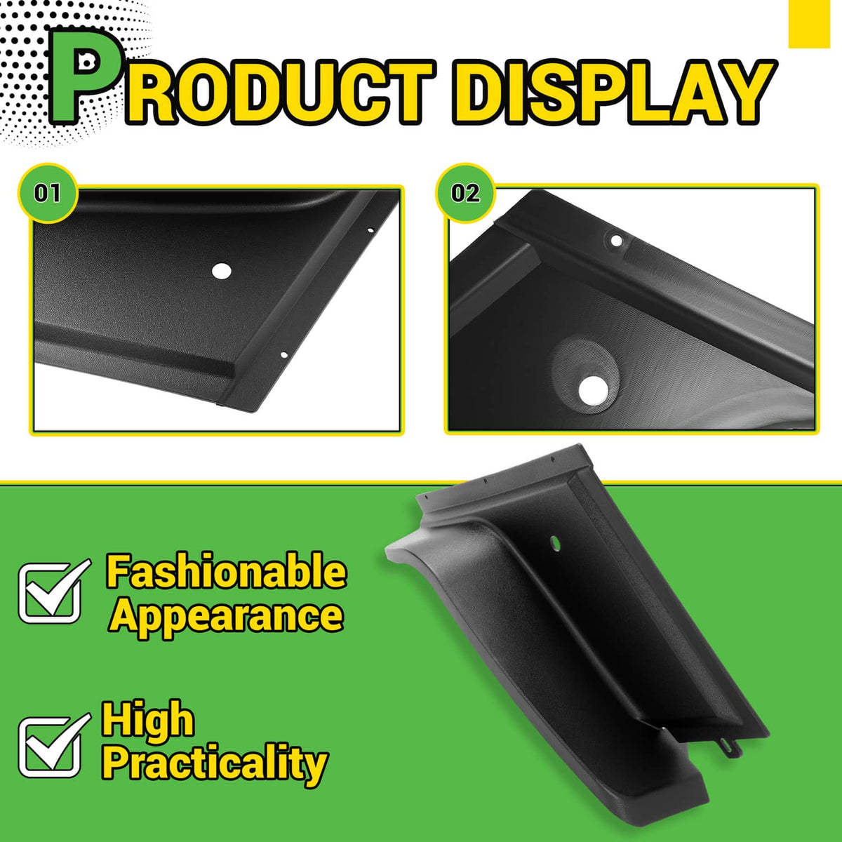 Black front fender flare set with details of curved shape and mounting holes