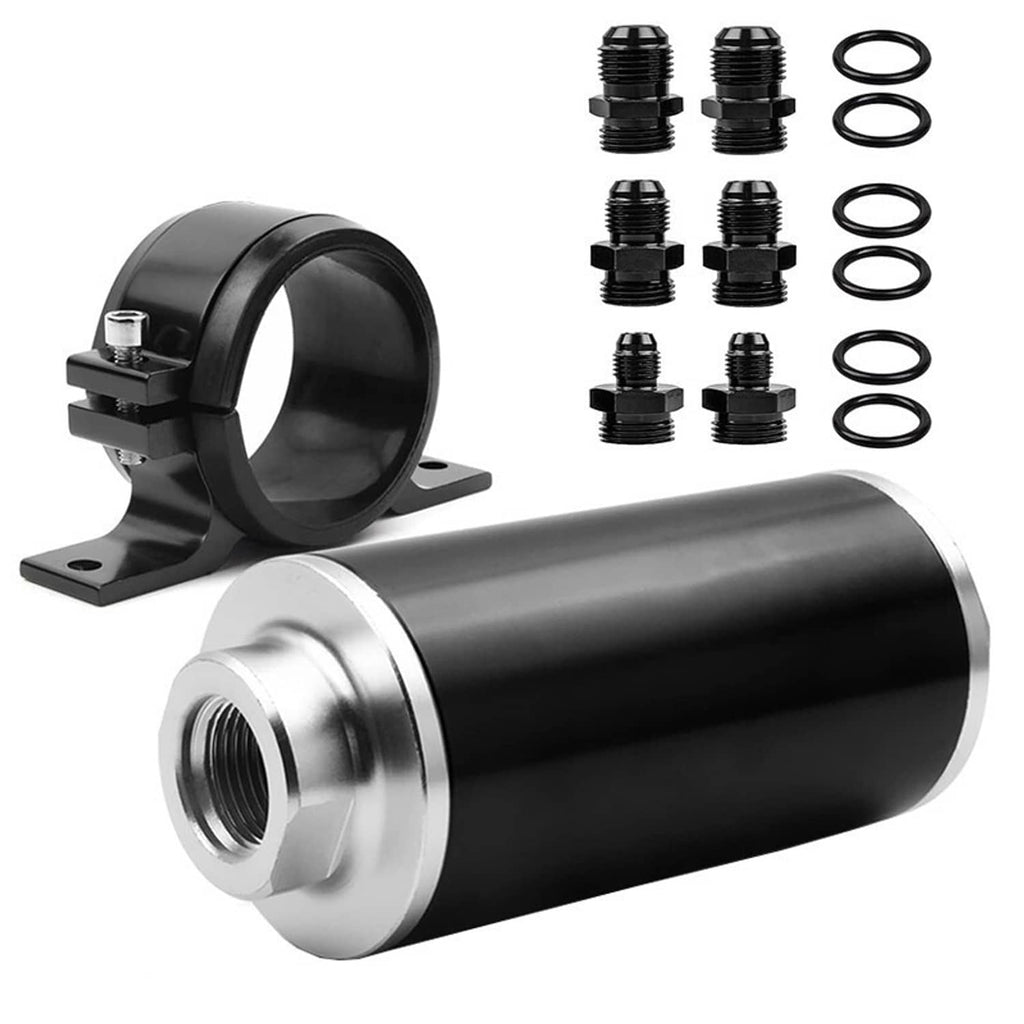 Inline fuel filter with mounting bracket, black housing and silver end with threaded ports