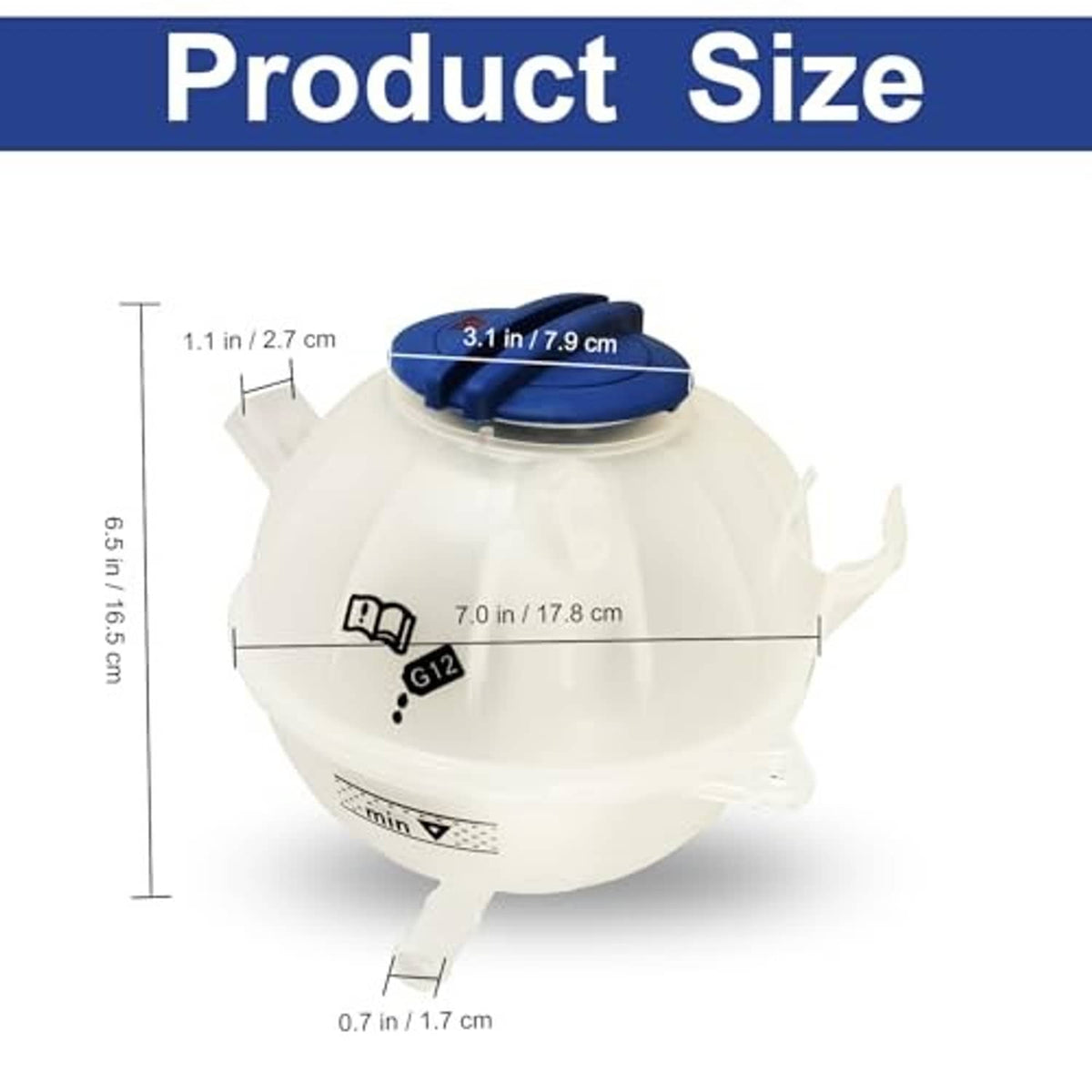 White coolant reservoir tank with blue cap, labeled dimensions