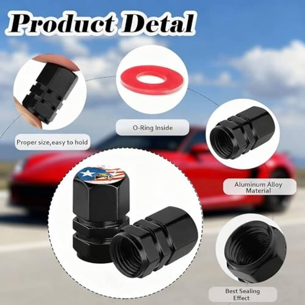Black aluminum tire valve caps with O-ring and detailed threaded end illustration