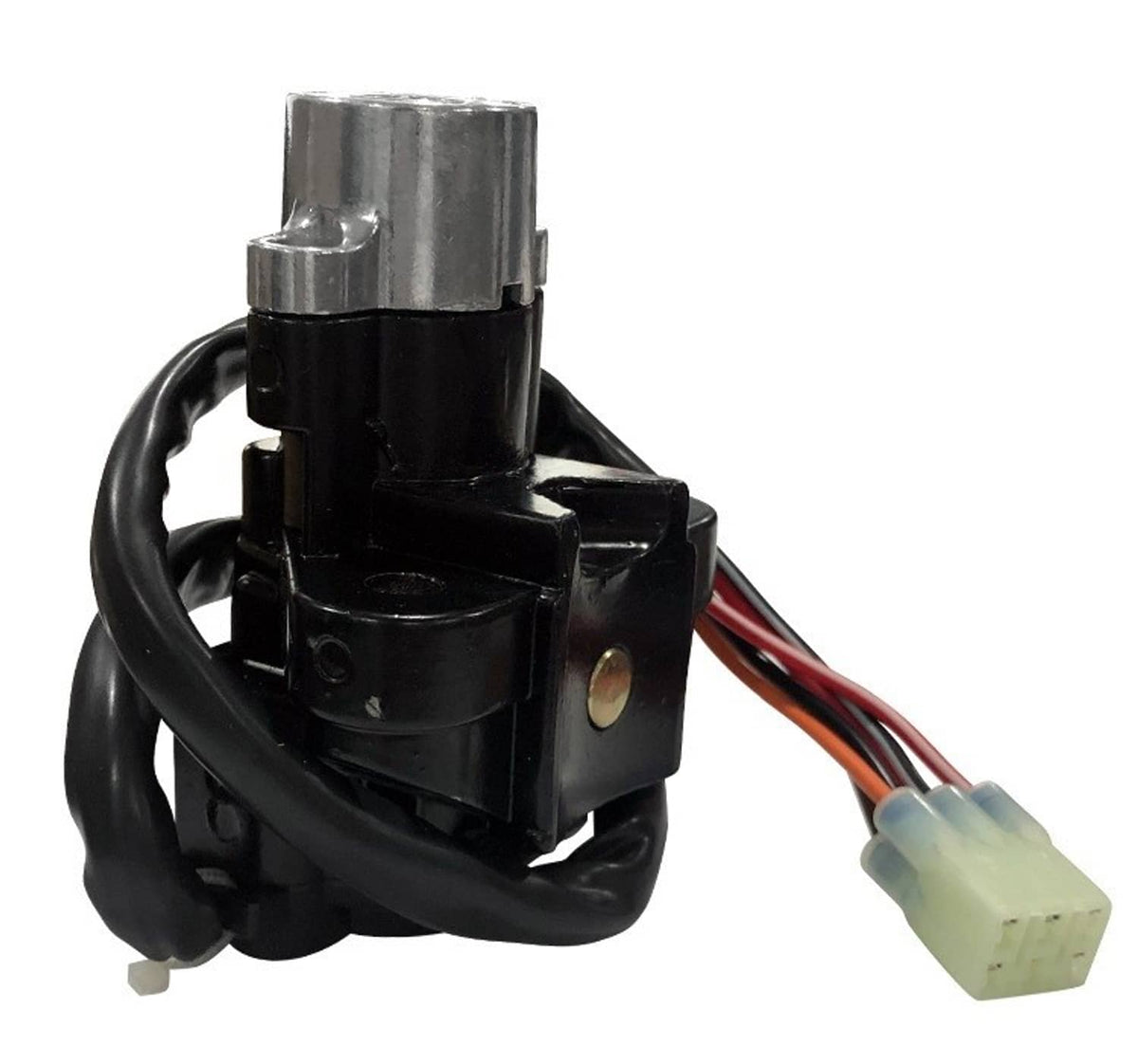 Ignition switch assembly with black housing, wiring harness, and connector plug