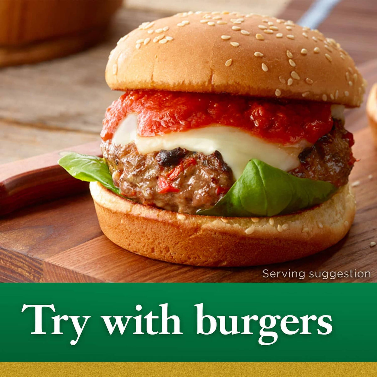 Burger serving suggestion with Try with burgers label