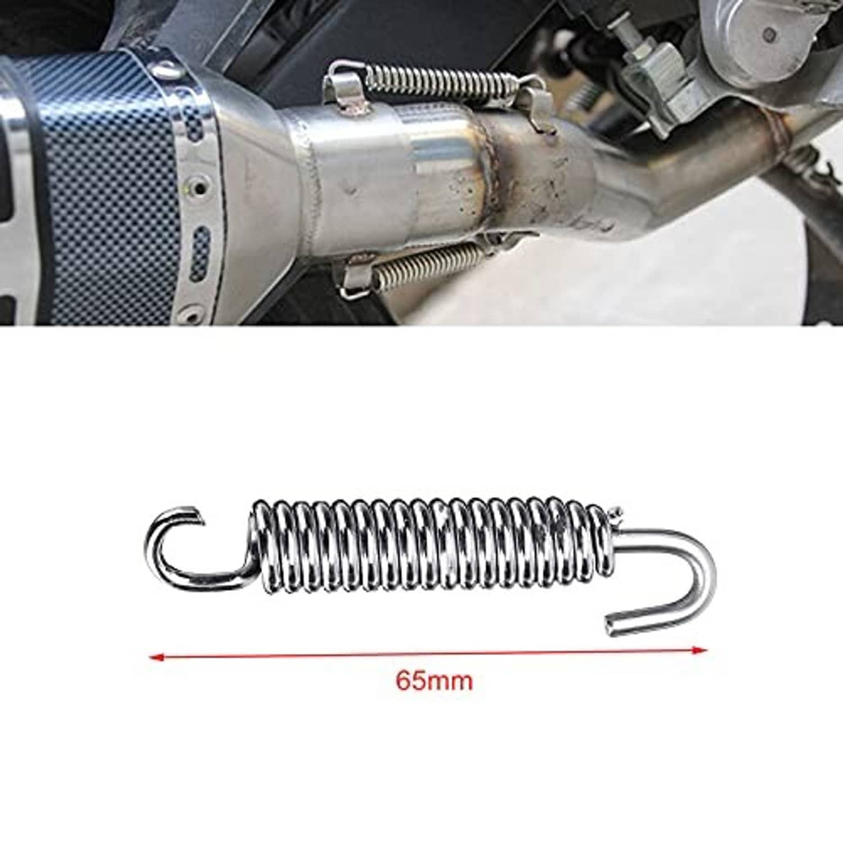 Motorcycle exhaust spring, 65mm length, stainless steel coil with U hook, close-up