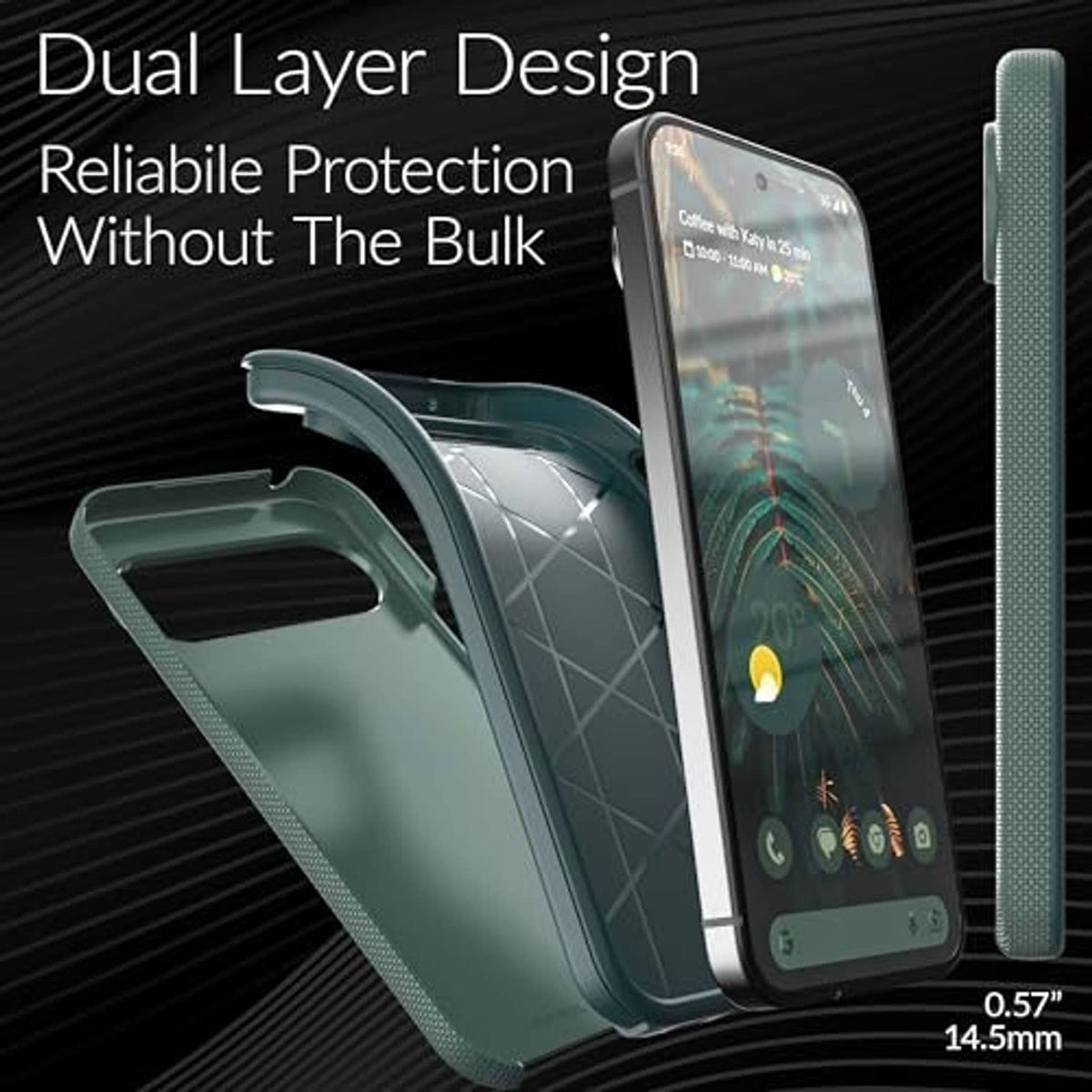 Forest green dual-layer phone case with slim design and side protection for Pixel 10 Pro XL