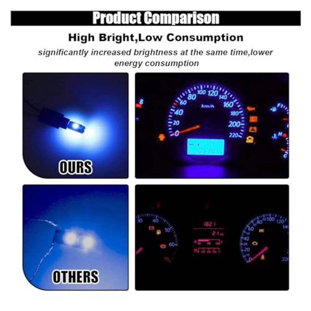 T5 LED bulb brightness comparison showing vivid blue light on dashboard
