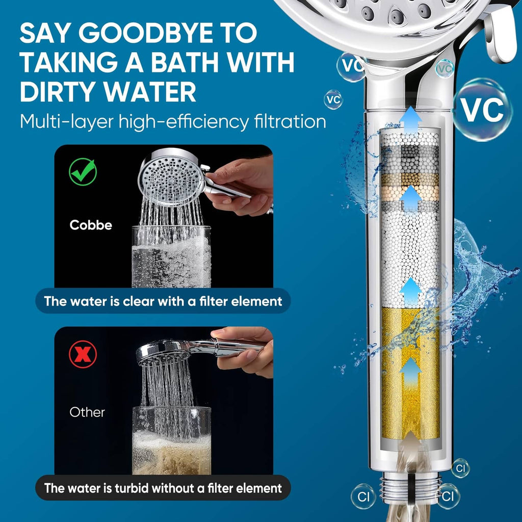 Chrome shower filter handheld with clear filter element shown under water flow