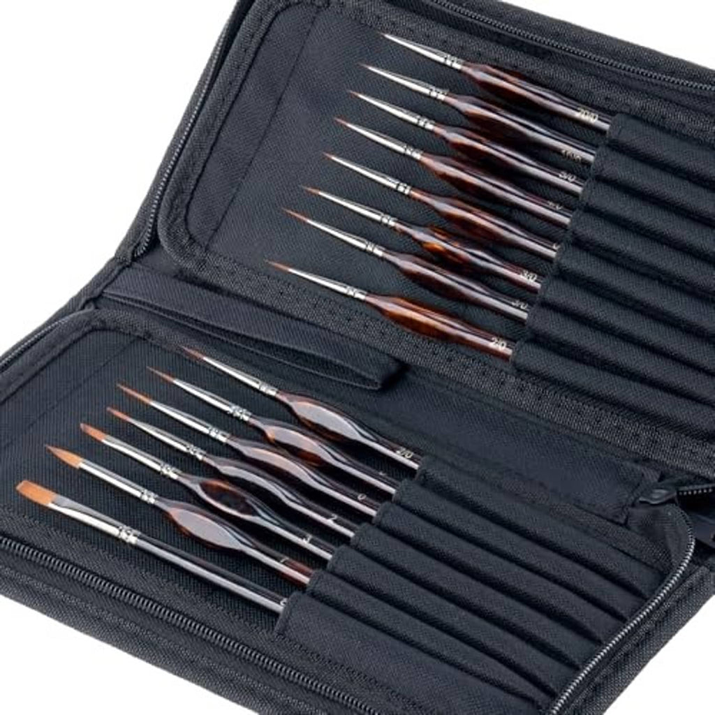 15-piece artist detail paint brush set with case, brushes laid open in fabric holder