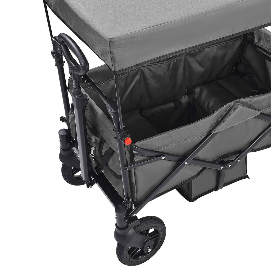 Dark gray double wagon stroller with canopy and large wheels, side view