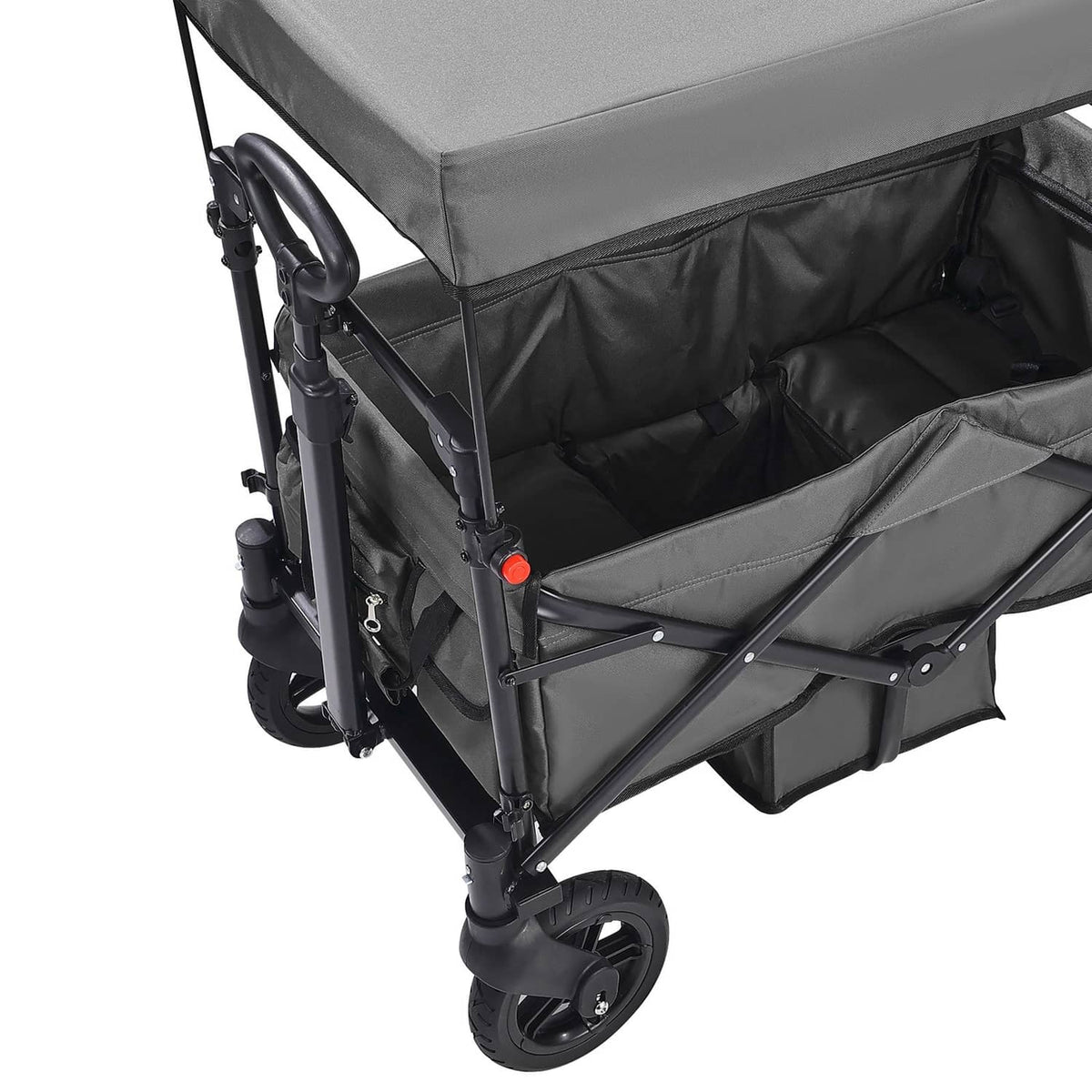 Dark gray double wagon stroller with canopy and large wheels, side view