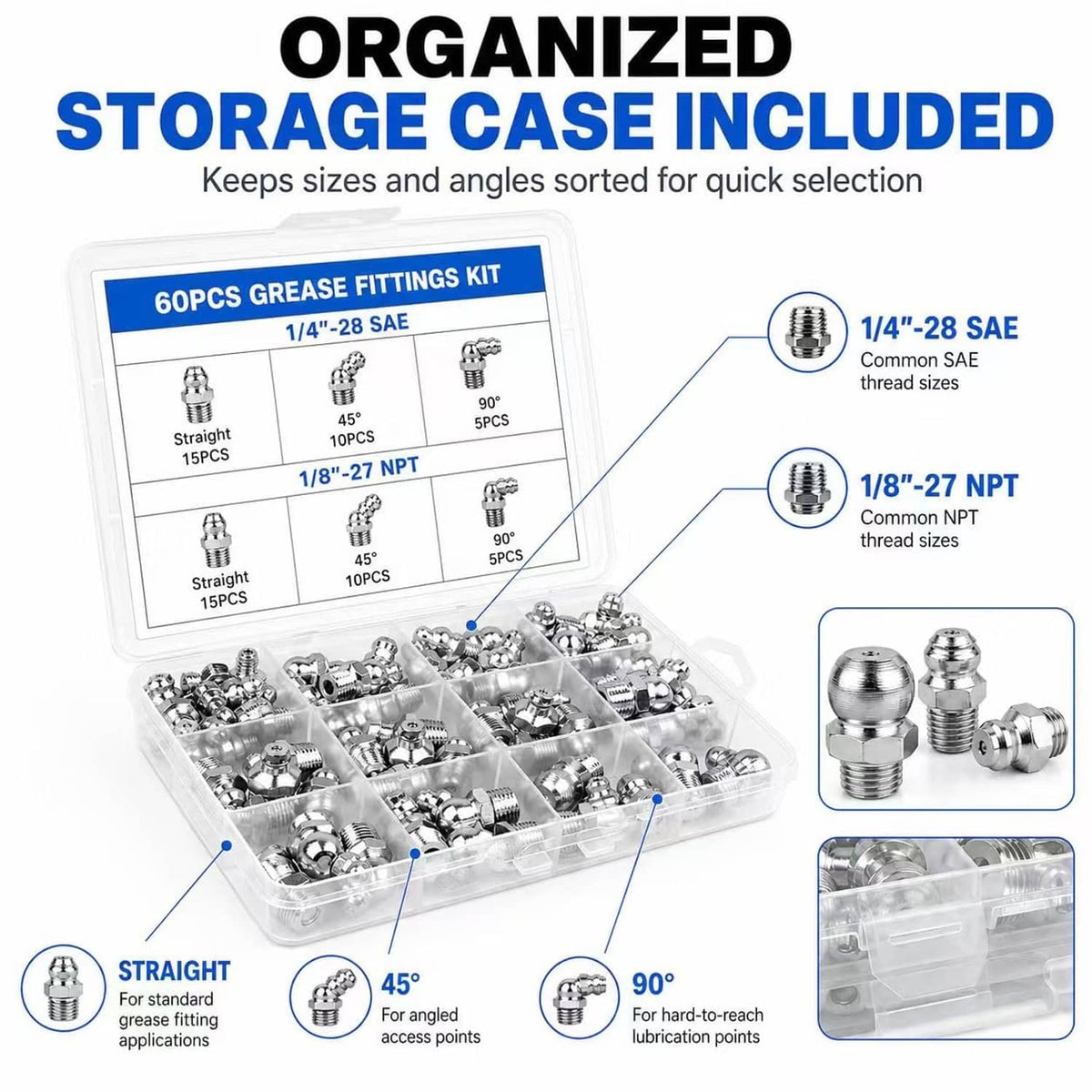 Clear storage case organizing straight, 45-degree, and 90-degree grease fittings