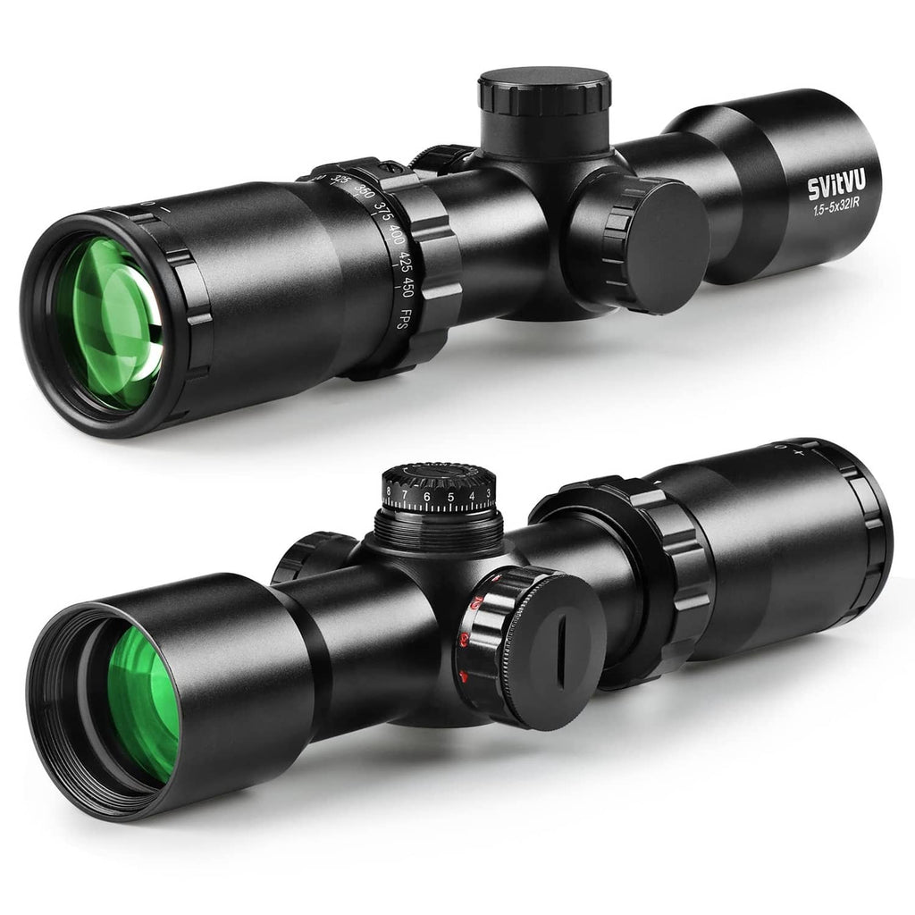 Black crossbow scope with green lens and two mounting rings attached