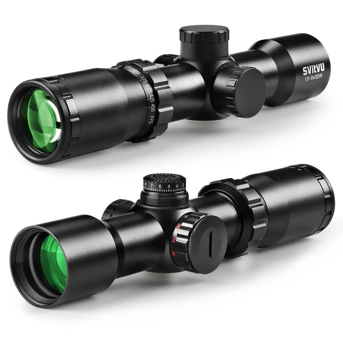 Black crossbow scope with green lens and two mounting rings attached