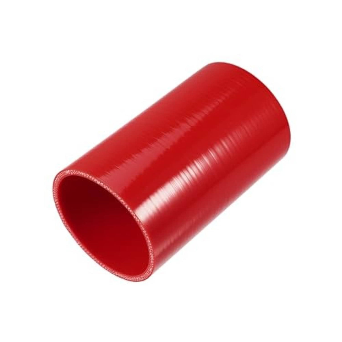 Red straight silicone hose coupler, rounded cylindrical shape with open inlet end