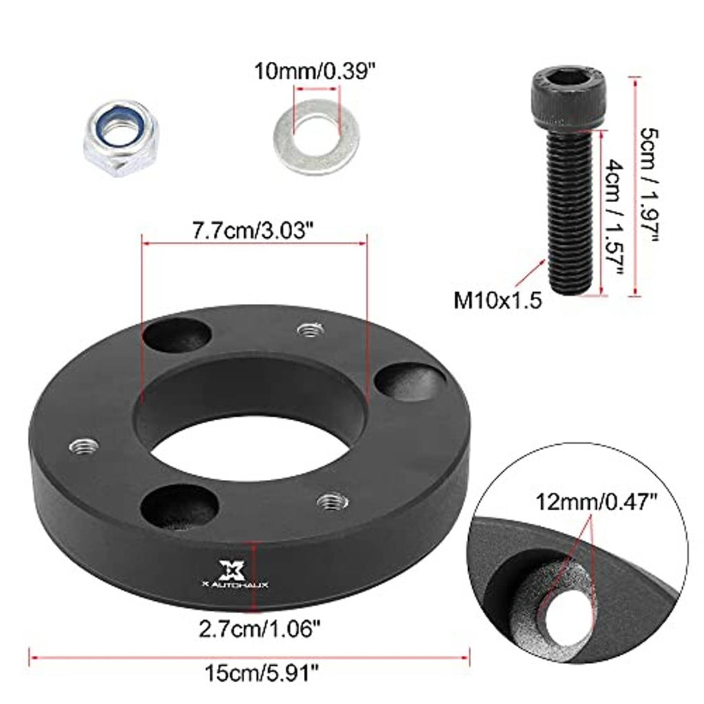 Black front leveling lift spacer with threaded M10x1.5 studs, washers, and measurements