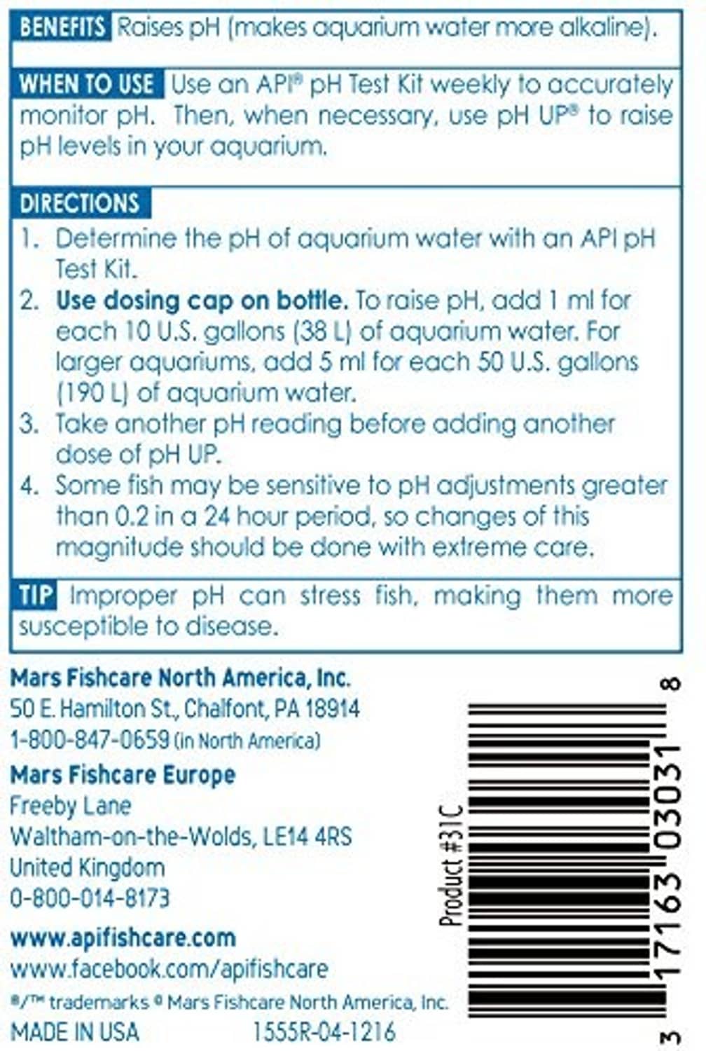 API pH UP bottle back label with benefits and usage directions