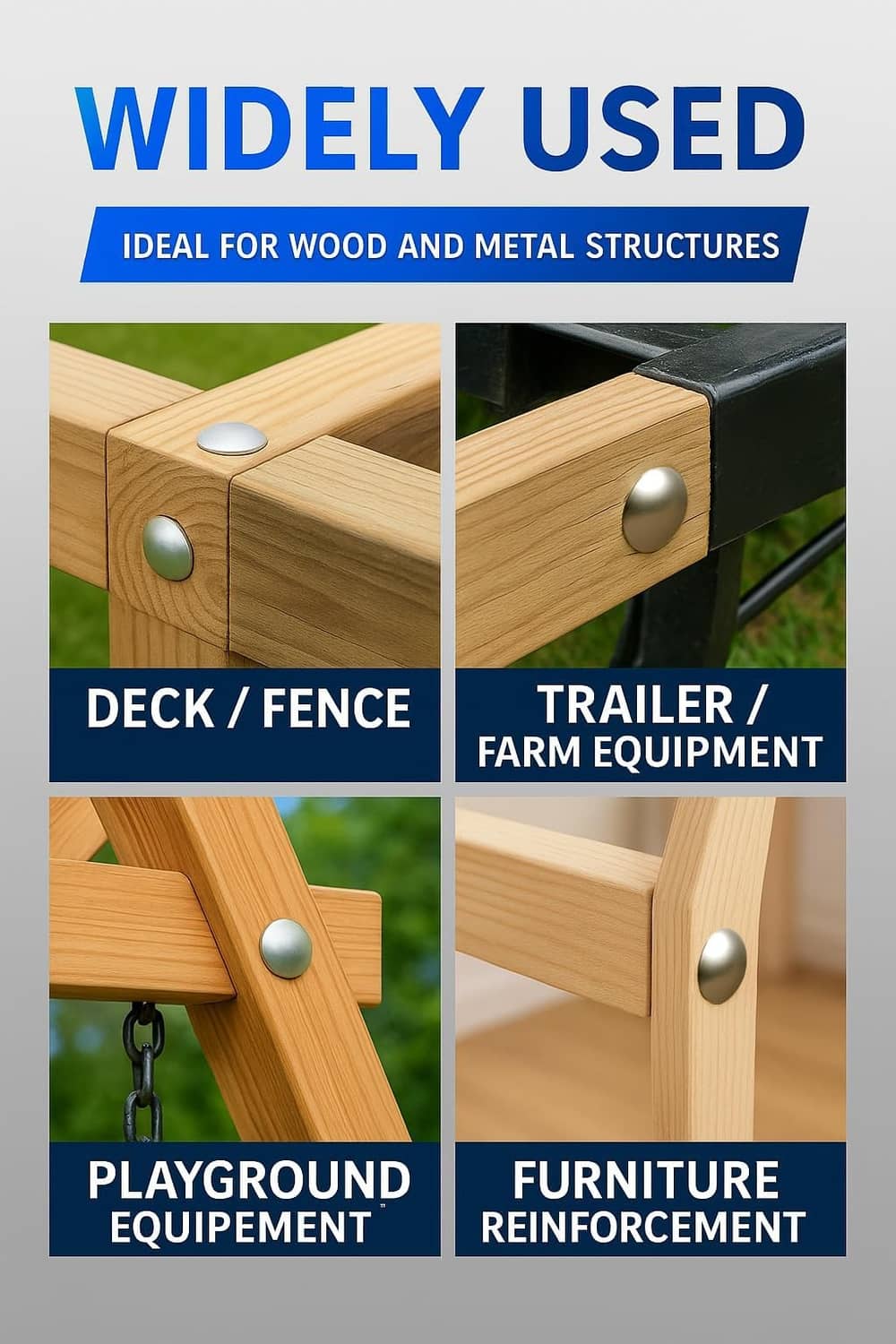 IMSCREWS stainless carriage bolts shown fastening wood deck, fence, and rails
