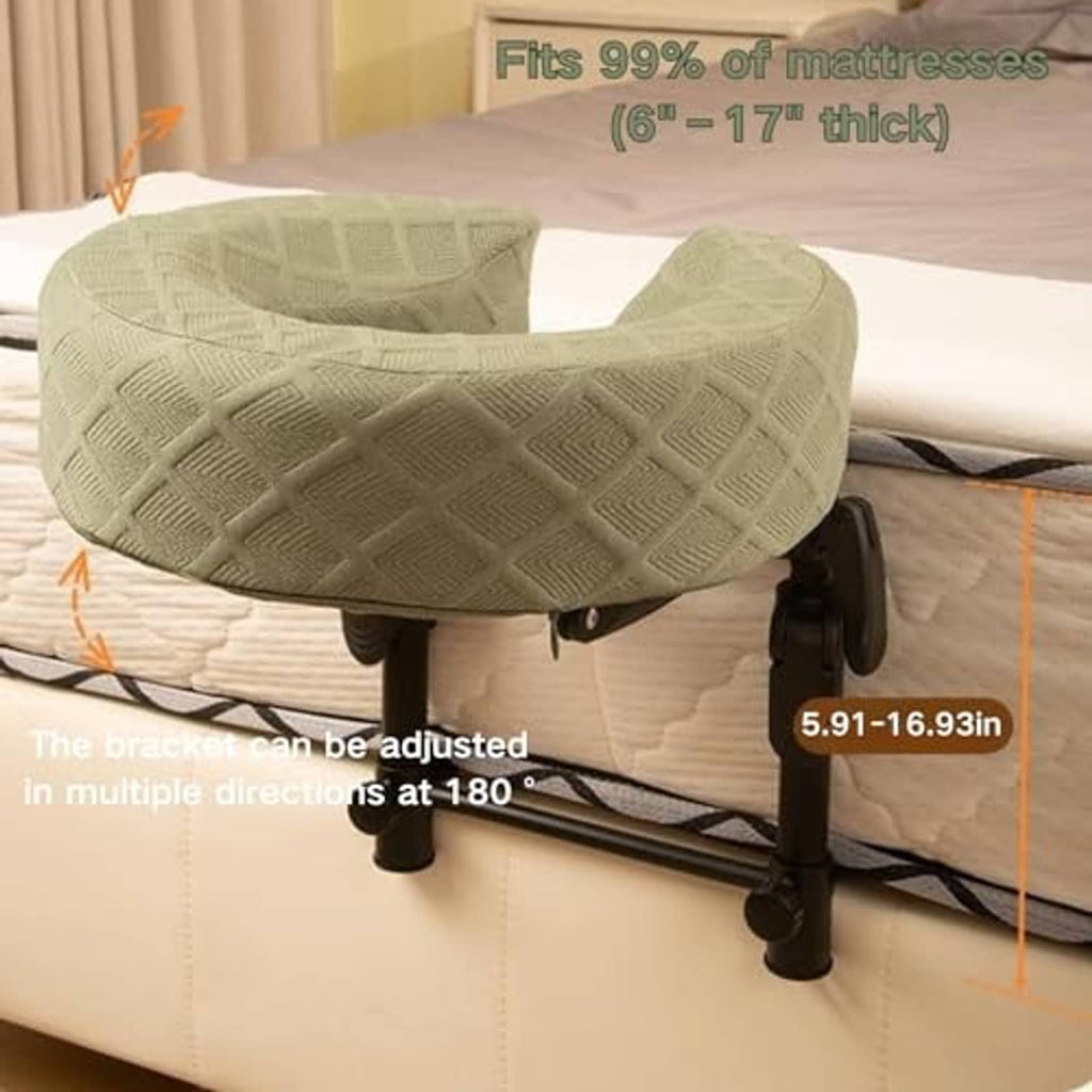 Green ergonomic face pillow headrest on adjustable bracket for mattresses