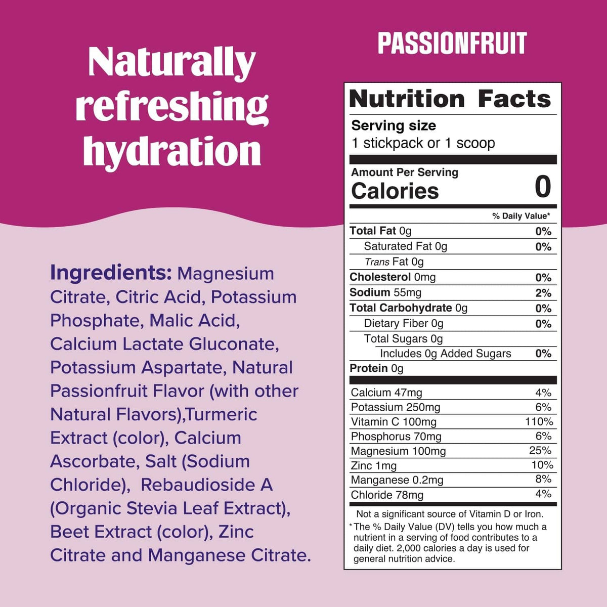 Nutrition Facts label for Passionfruit electrolyte powder