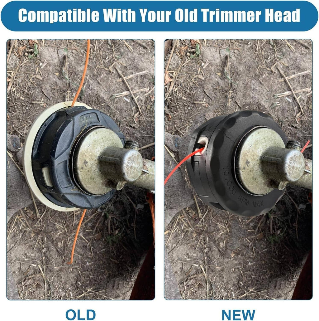 Black string trimmer head comparison showing old vs new heads with red line