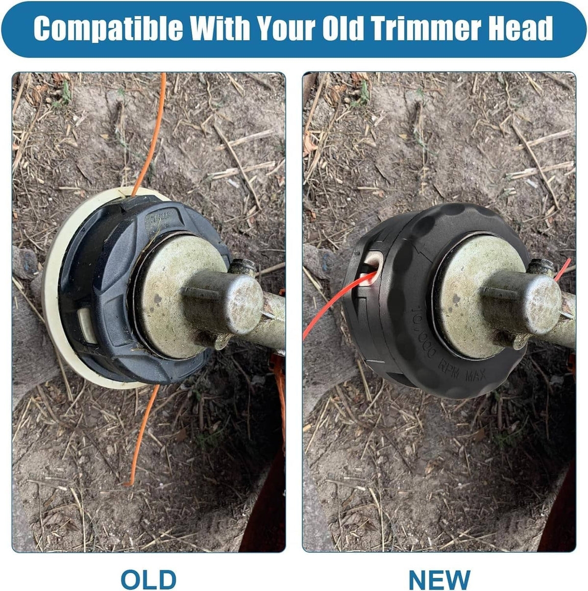 Black string trimmer head comparison showing old vs new heads with red line