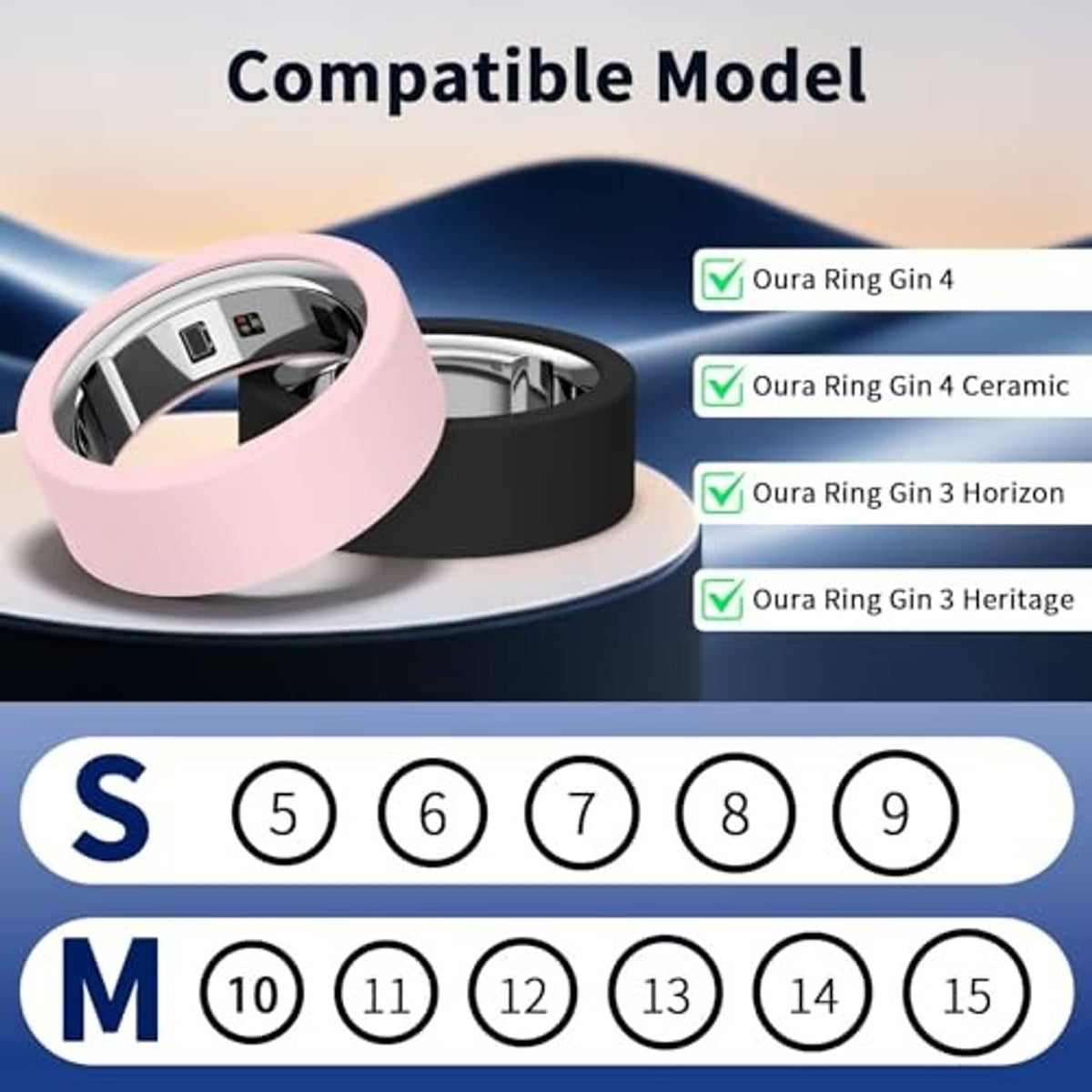 Pink silicone smart ring cover with size dots for S and M rings, shown on a base.