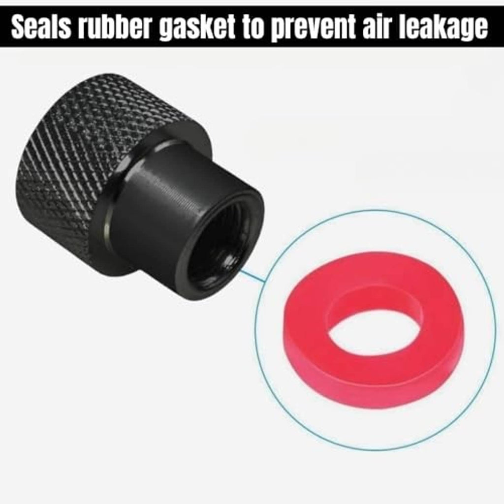 Black tire valve stem cap with textured grip and red rubber gasket seal