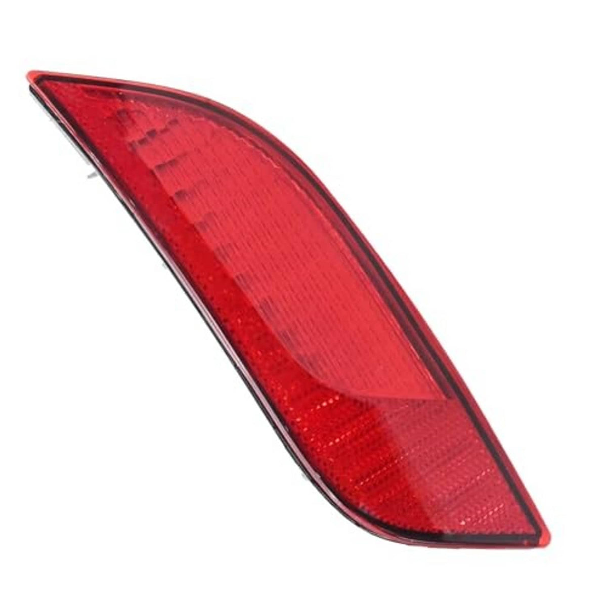 Red rear bumper reflector light lens for left side with angled, teardrop shape