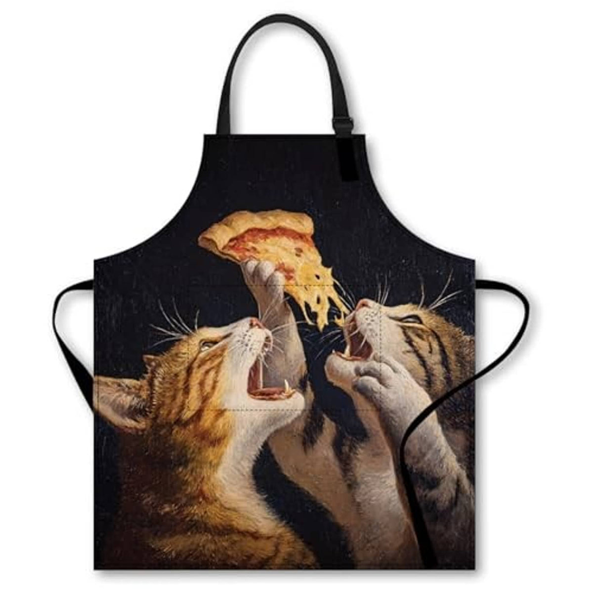 Black kitchen apron with cat and dog cooking print, wide neck strap and side ties